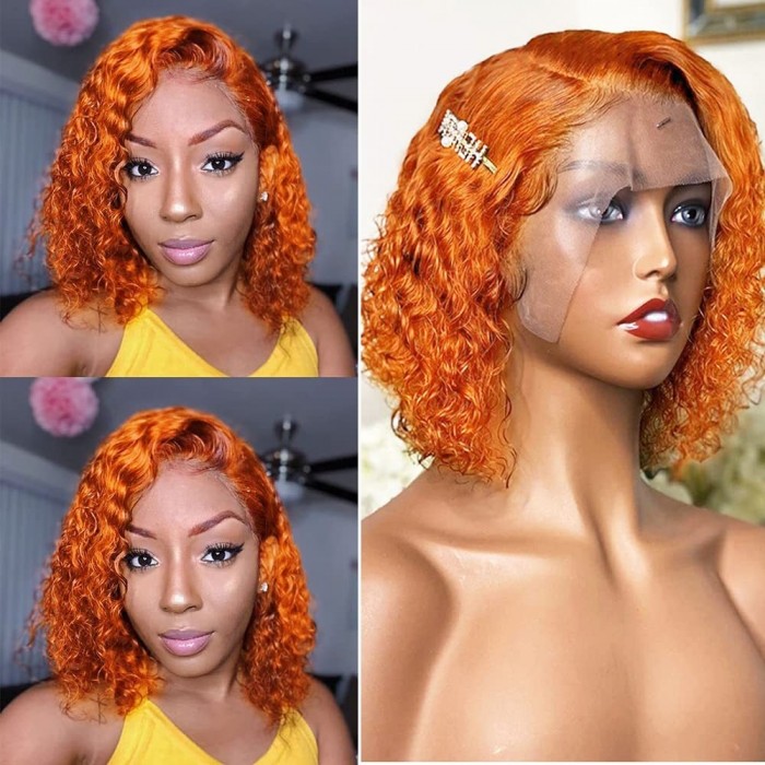 Kriyya Trendy Honey Orange Colored Water Wave Virgin Hair Wig 13x5 T-Part Middle Lace Pre-Plucked Hairline