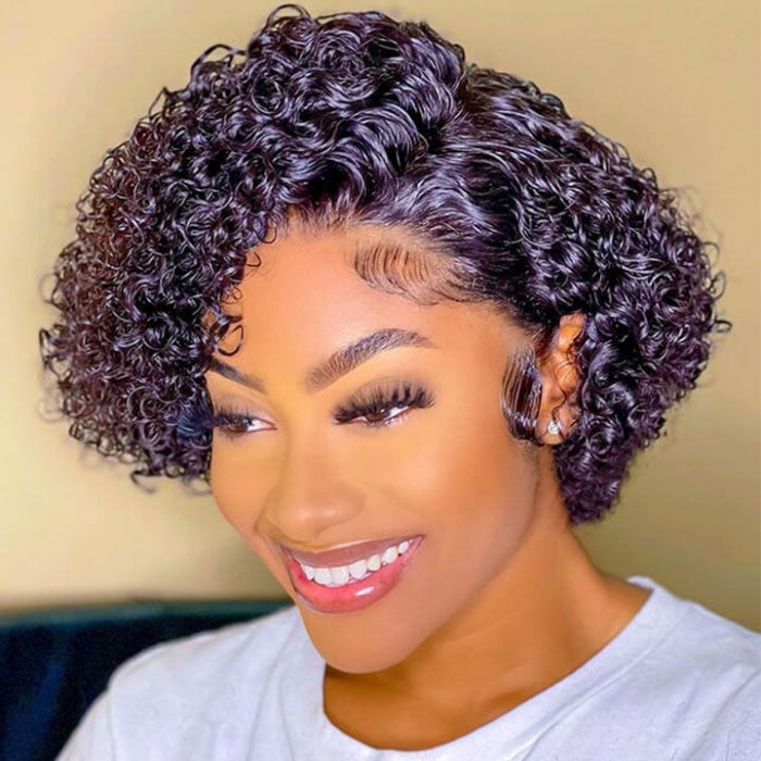 Flash Sale Short Curly Pixie Cut Wig 100% Human Hair Lace Wig 13 By 1 Inch Handtied Hairline