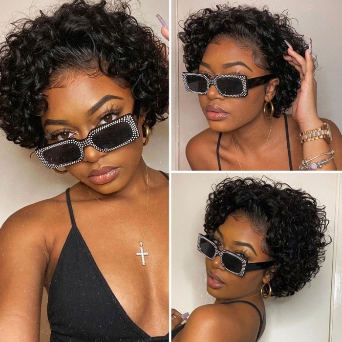 Kriyya Short Curly Pixie Cut Wig 100% Human Hair Lace Wig 13 By 1 Inch Handtied Hairline