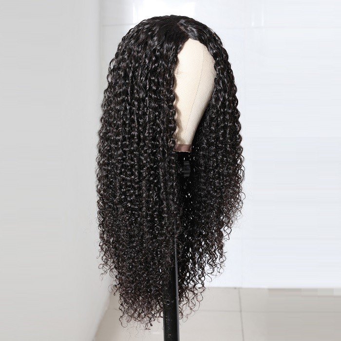 Kriyya 4.5*1.5 Right Part PU Skin Base Wig Jerry Curly Fake Scalp Wigs Natural Color