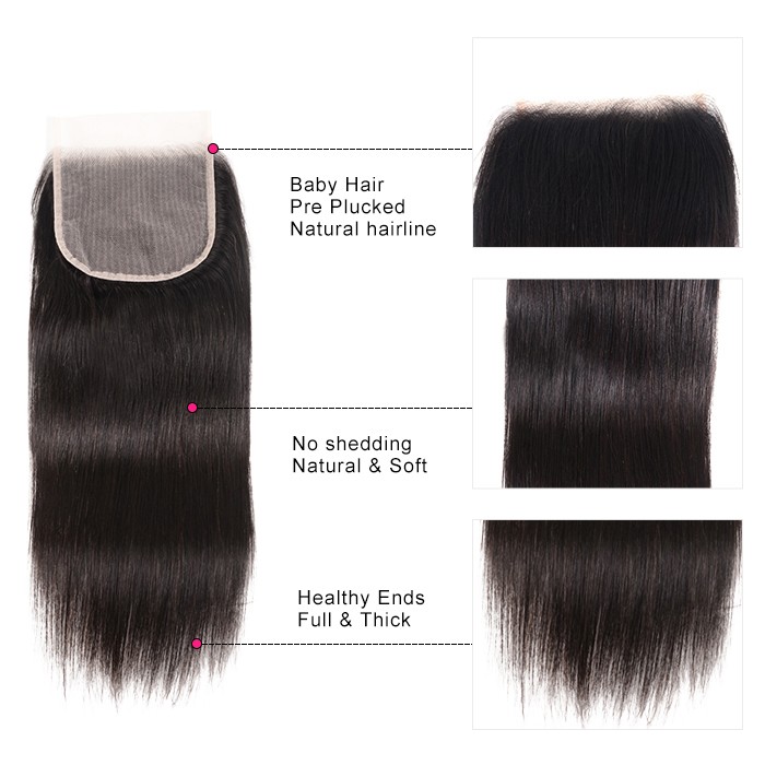 Kriyya Malaysian 100 Human Hair 3 Bundles With 5*5 Transparent Lace Closure Straight Hair