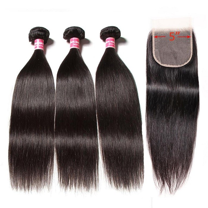 Kriyya Malaysian 100 Human Hair 3 Bundles With 5*5 Transparent Lace Closure Straight Hair