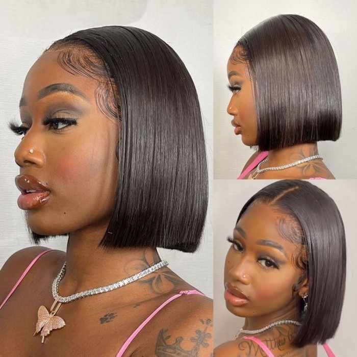 Kriyya T Part Straight Human Hair Bob Wigs Middle Lace Part Short Wig With Baby Hair