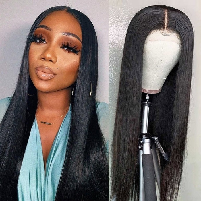 Kriyya Virgin Human Hair Pre Plucked T Part Lace Wig Middle Part Straight Hair 150% Density