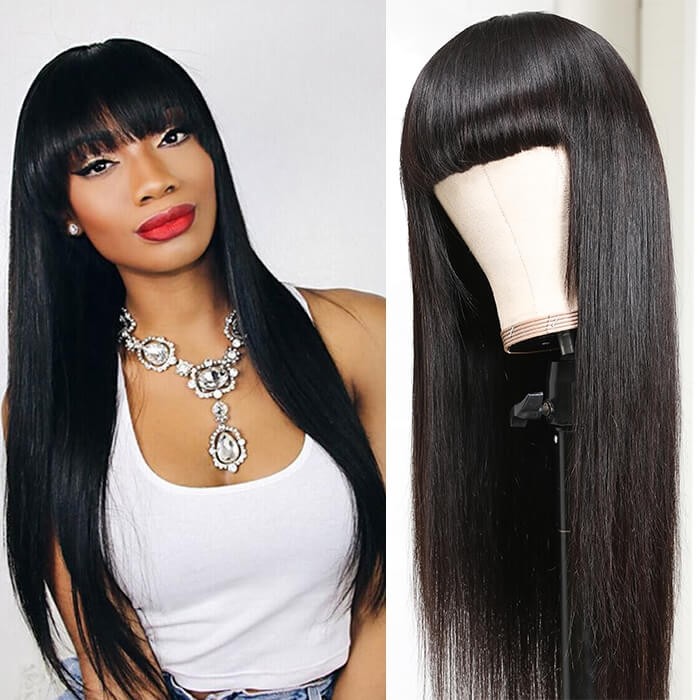 Kriyya Neat Bangs Natural Black Capless Wig Straight Human Hair Wigs With Bangs 150% Density Remy Hair Wigs