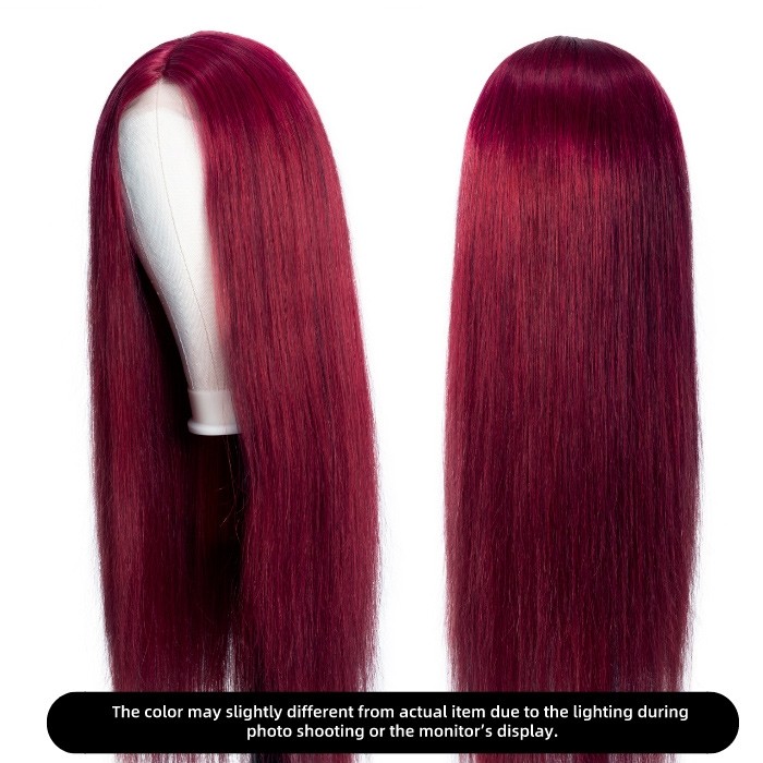 Kriyya Hand-tied Lace Wigs Burgundy Human Hair Straight  Lace Part Wig 150% Density