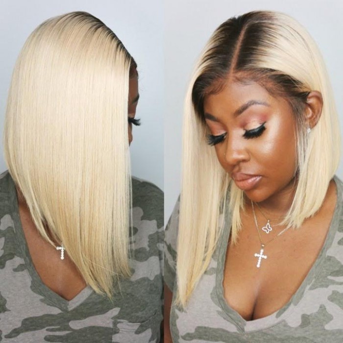 Kriyya T1B613 Ombre Blonde 13X4 Lace Front Wigs Blunt Cut Human Hair Bob Wigs 130% 150% Density