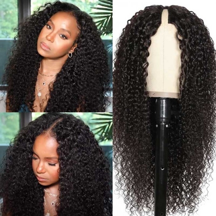 Kriyya Beginner Friendly Glueless V Part Curly Wig No Leave Out No Gel Human Hair Wig  Effortless To Put On 150% Density Natural Color