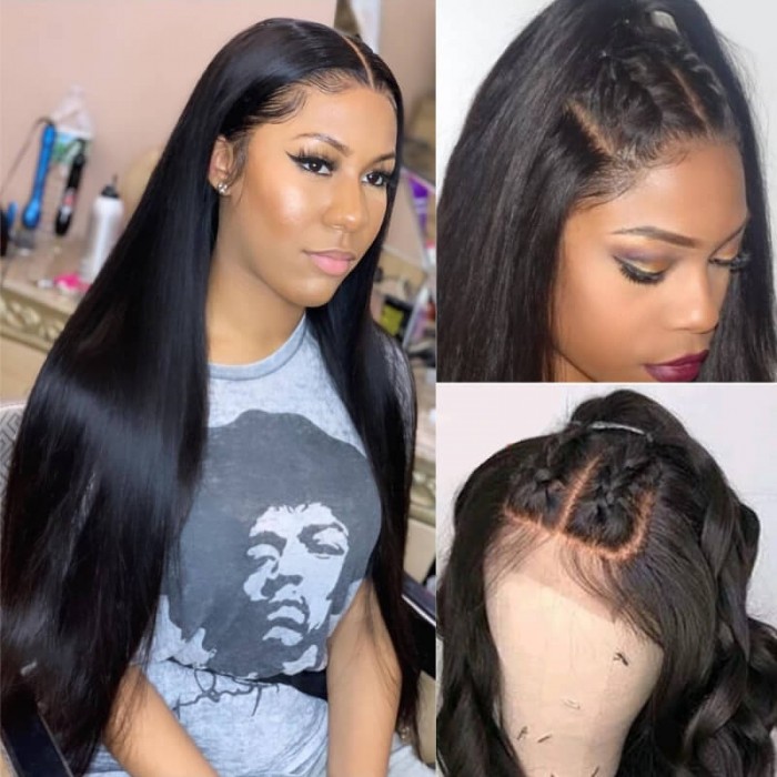 Kriyya Straight Three Part Human Hair Lace Wigs Double U Lace Part Wig 150% Density Natural Black