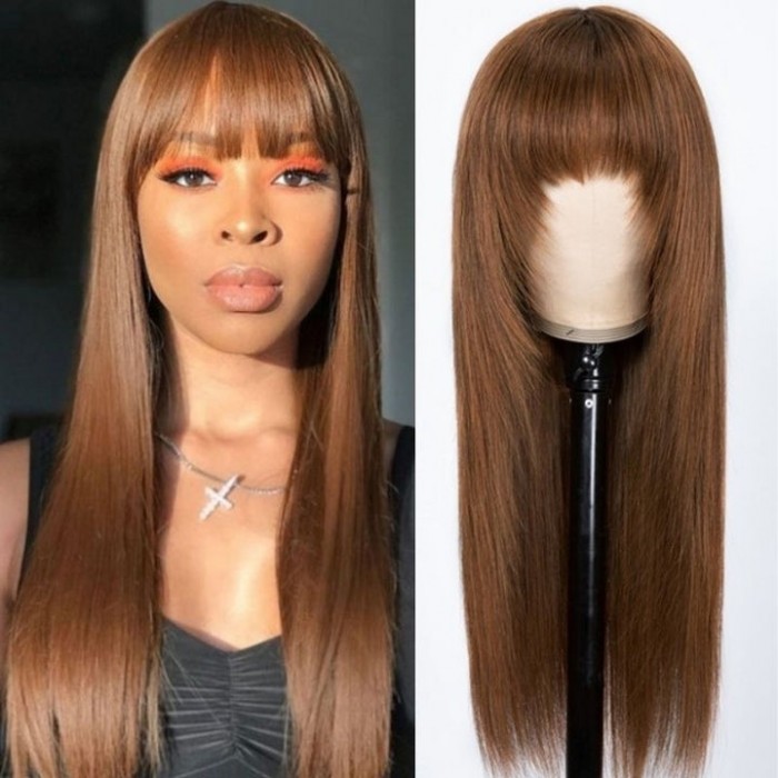 Kriyya 90's Layered Chocolate Brown Straight Wig With Bangs Glueless Human Hair Wig 150% Density 