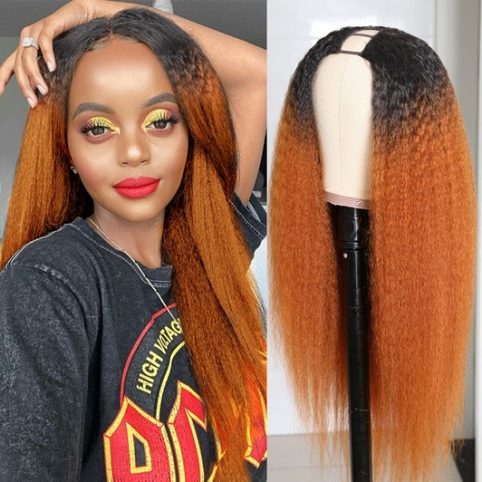 Kriyya U Part Wig Human Hair Kinky Straight T30 Ombre Brown Glueless Wigs U Shape Wigs