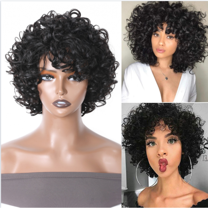 Kriyya Bouncy Curly Short Pixie Cut Wig With Bangs Fluffy Curls Human Hair Machine Made Wigs
