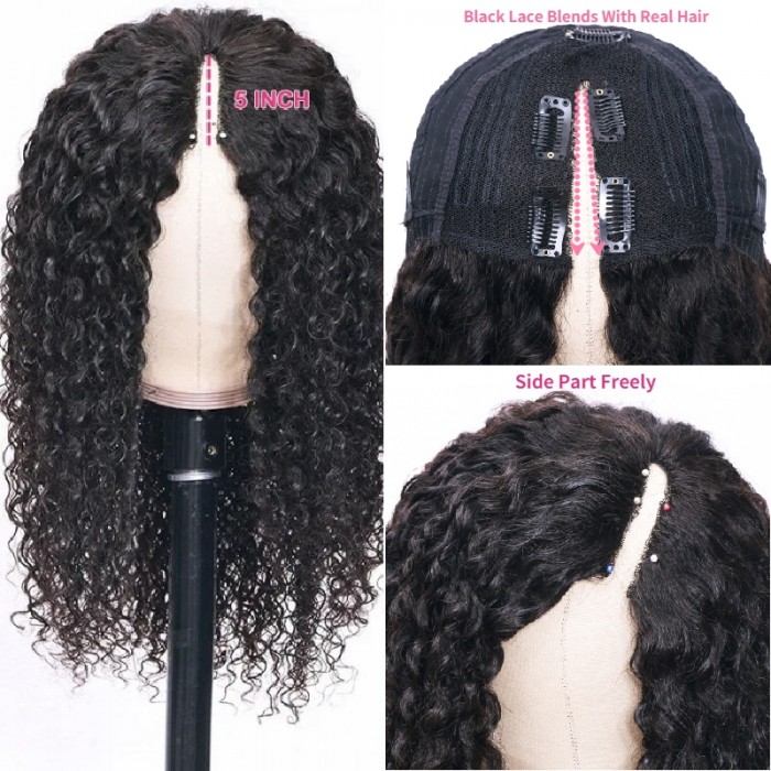 Kriyya Beginner Friendly Glueless V Part Curly Wig No Leave Out No Gel Human Hair Wig  Effortless To Put On 150% Density Natural Color