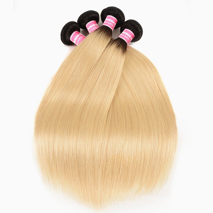 Kriyya Indian Straight Virgin Human Hair T1B/613 Ombre Blonde 4 Bundles With 4x4 Lace Closure