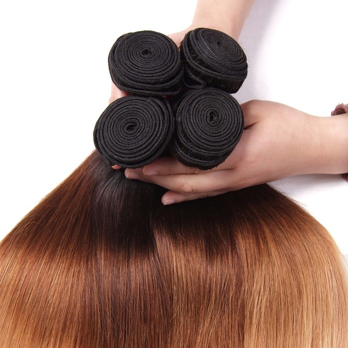 Kriyya 3 Pcs Straight Hair Bundles With 4x4 Lace Closure T1B/4/27 Ombre Malaysian Human Hair