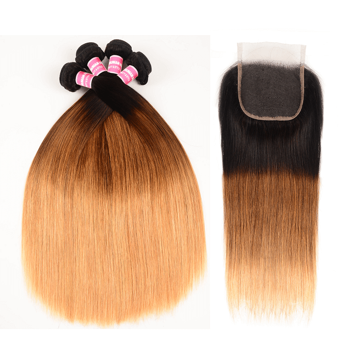 Kriyya 4 Bundles T1B/4/27 Ombre Straight Brazilian Virgin Hair With 4x4 Lace Closure