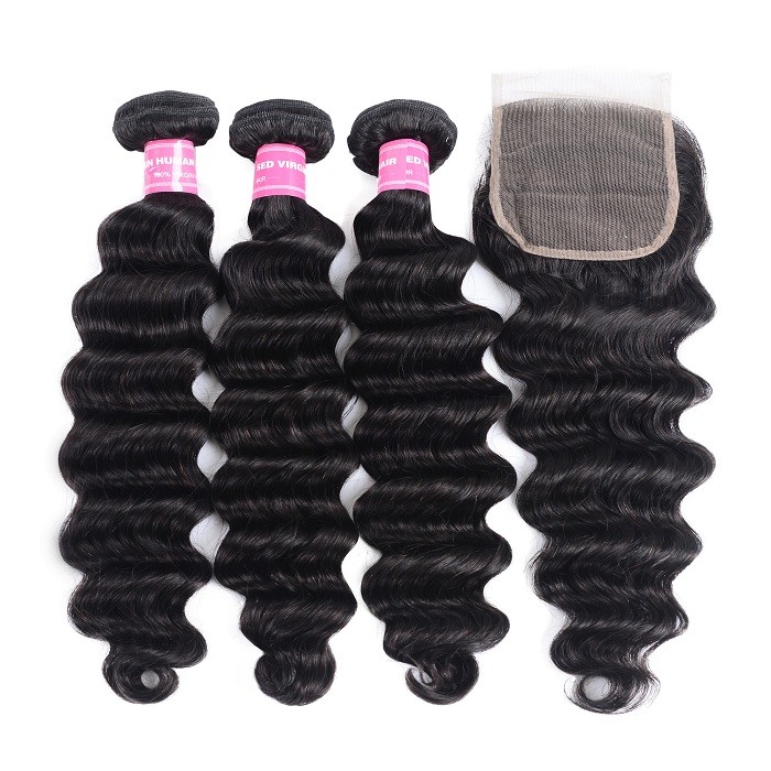 Kriyya Malaysian Hair 3 Bundles Loose Deep Wave Virgin Hair With 4*4 Lace Closure