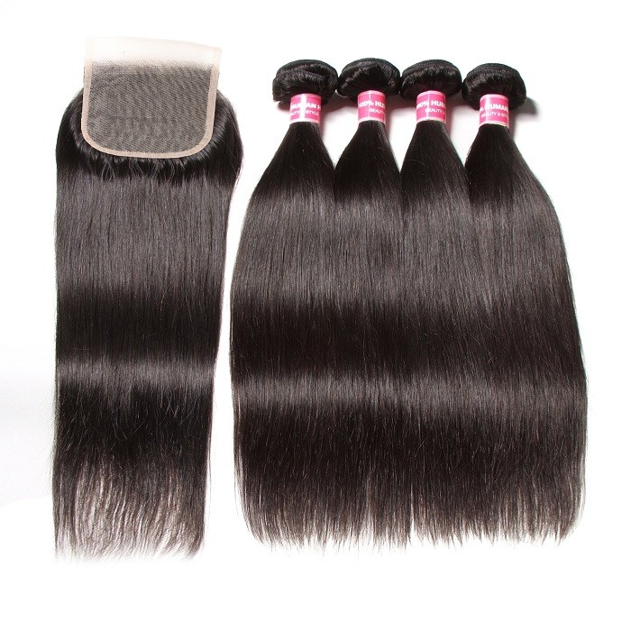 Kriyya Best Malaysian Straight 4 Bundles With Closure 4x4 Transparent Lace