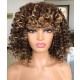 Kriyya Highlight Brown Deep Curly Wig Machine Made Human Hair Colored Wigs With Bangs