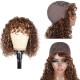 Kriyya Highlight Brown Deep Curly Wig Machine Made Human Hair Colored Wigs With Bangs