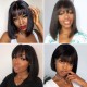 Kriyya Glueless Human Hair Blunt Cut Bob Wig With Bangs Natural Black 150% Density