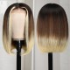 Kriyya Ombre Colored Bob Wigs with Face Freaming Streaks Lace Part Highlight Human Hair Wig With Dark Root 150% Density