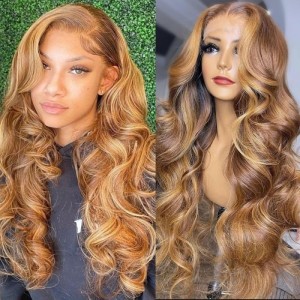 Kriyya Honey Blonde Highlight Ombre Body Wave Human Hair Wig Piano Colored 13x5 T Part Lace Front Wigs
