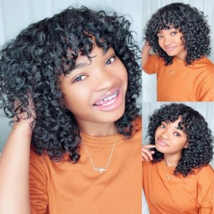 Kriyya Popular Style Bob Curly Wig With Bangs  Stylish Short Hair Thick Human Hair