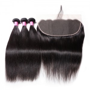 Kriyya 3 Pcs Peruvian Virgin Human Hair Straight With 13*6 Lace Frontal
