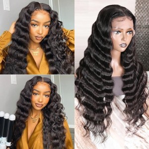 Kriyya Loose Deep Wave T Part 13X5 Lace Front Wigs Hand Tied Middle Part Preplucked Human Hair Wigs With Baby Hair