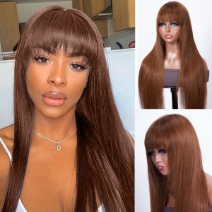 Kriyya 90's Layered Chocolate Brown Straight Wig With Bangs Glueless Human Hair Wig 150% Density 