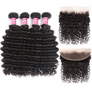 Kriyya Deep Wave Brazilian Hair 4 Bundles With Pre plucked 13x4 Lace Frontal