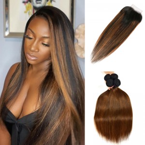 Kriyya Caramel Balayage Highlights Color Straight 4X4 Lace Closure With 4 Bundles Virgin Hair