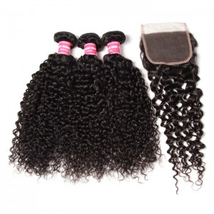Kriyya Peruvian Hair 3 Bundles Curly Hair With Pre Plucked 4X4 Closure