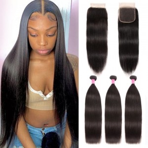 Kriyya Best Straight Malaysian Hair 3 Bundles And Free part Lace Closure 4X4 Inch