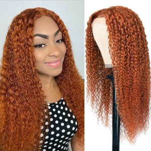 Kriyya Orange Ginger Colored Curly Wig 4X0.75 Middle Lace Part Human Hair Wig 150% Density