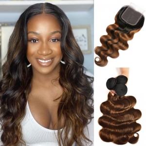 Kriyya Caramel Balayage Highlights Color Body Wave 4X4 Lace Closure With 3 Bundles Virgin Hair