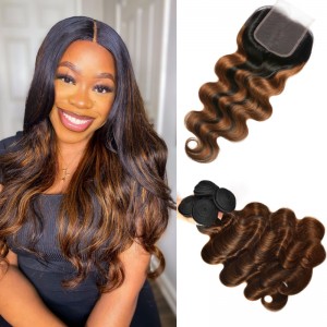 Kriyya Caramel Balayage Highlights Color Body Wave 4X4 Lace Closure With 4 Bundles Virgin Hair
