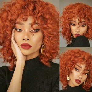 Kriyya Orange Ginger Colored Bouncy Curly Wig Machine Made Human Hair Wig 150% Density