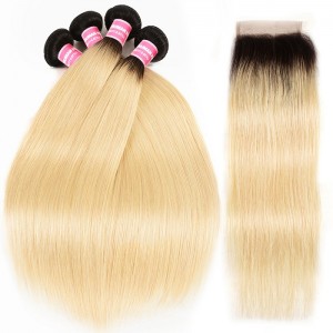 Kriyya Malaysian T1B/613 Color Straight Remy Human Hair 4 Bundles With 4x4 Lace Closure