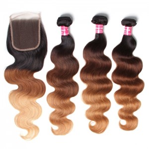 Kriyya Brazilian Body Wave Virgin Hair Three Tone Ombre 3 Bundles With Lace Closure 4x4 Inch