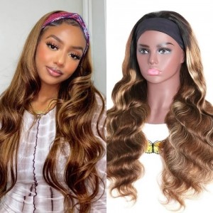 Kriyya Body Wave Headband Wigs Ombre Brown Highlight Glueless Human Hair Wig 150% Density