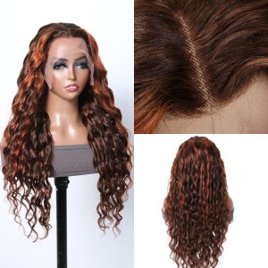 Kriyya New Fashion 13X4 Sprial Wave Copper Red Highlight On Brown Hair Colored Wig 150% Density