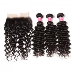 Kriyya 3 Bundles Deep Wave Virgin Hair With 13*4 Lace Frontal Brazilian Human Hair