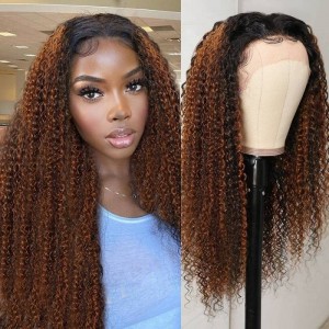Kriyya Balayage Highlight 13x4 Lace Front Wigs Jerry Curly Human Hair Brown Highlight Colored Wigs 150% Density