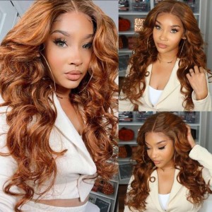 Kriyya 13X4 Ombre Highlight Loose Wave Wig Caramel Brown Lace Front Human Hair Wig 180% Density