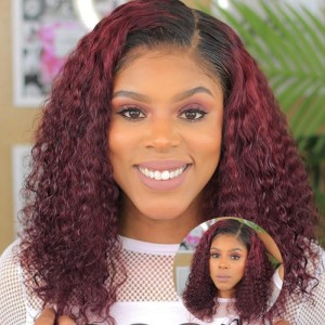 Kriyya 99J Ombre Jerry Curly Lace Bob Wig Burgundy 13x4 Lace Front  Human Hair Wigs 150% Density