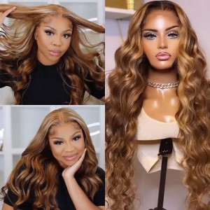 Kriyya 13X4 Honey Blonde Highlight Lace Front Wigs Human Hair Body Wave Colored Wigs Favorable Price