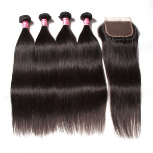Kriyya Peruvian Hair Straight Weave 4 Bundles With 4X4 Lace Closure