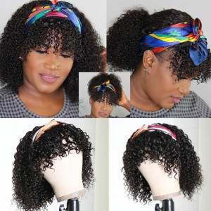Kriyya Headband Wigs Jerry Curly Bob Wig With Removable Bangs Glueless Human Hair Wigs 150% Density
